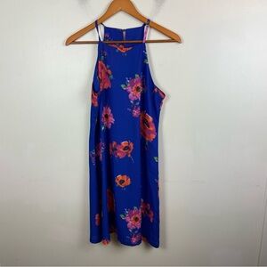 Royal Blue Orange Pink Floral‎ Mock Halter Neck Lightweight Dress Size Medium